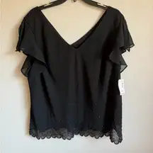 NWT DressBarn Black Studded Ruffled Scalloped Edge V-Neck Blouse Womens 20W