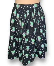 Hell Bunny Skirt Black Green Cactus Polka Dot Print Cotton Retro Midi Plus Size