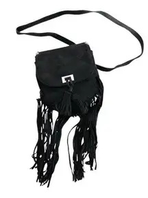 Black Suede Fringe Mini Crossbody Bag Boho Festival Style
