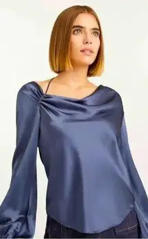 NWT! Cinq à Sept "Jordy" luxe Silk Cowl blouse Blue Shadow crossover strap Small