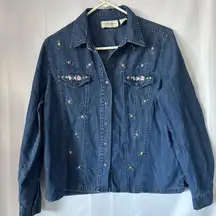 Vintage Lemon Grass Embroidered Floral Denim Shirt Women's Long Sleeve Large