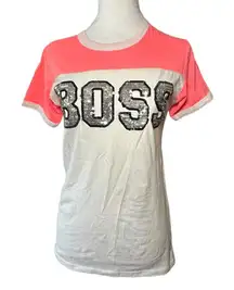 On fire logo BOSS Women's Pink and White Short Sleeve Tee medium