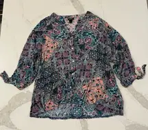 Daytrip MultiPrint Split Neck Button Down High Low Hem Blouse Womens Medium Teal