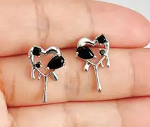 Black Stones Silver Tone Dripping Heart Stud Earrings