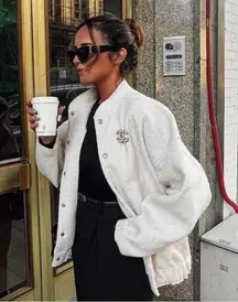 Zara White Fleece Textured Snap Button Up Oversized Bomber Coat Jacket Size M/L