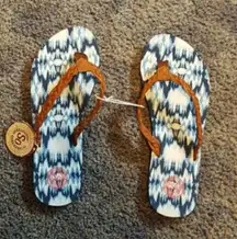 Blue Pattern Flipflops With Leather Strap
