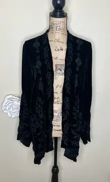 NTM: Johnny Was Black Velvet Embroidered Floral Open Front Cardigan Size M