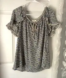 Max studio Floral Ruffle short Sleeve Top blouse front tie women size M
