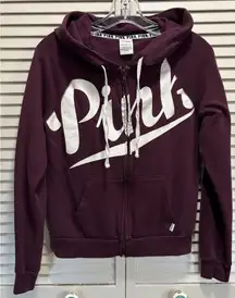 VS PINK Zip Up Sweatshirt Size Small Long Sleeve Logo Lightweight Burgundy/Wh
