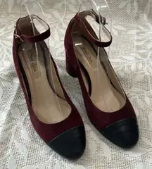 Massimo‎ Dutti Maroon Suede Ankle Strap Black Leather Chunky Heels Size 6.5/37