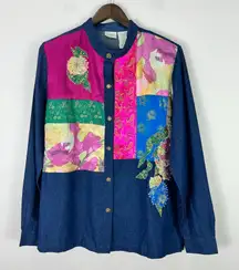 Blair‎ Boutique Denim Patchwork Shirt L Multicolor Jacquard Boho Vintage Artsy