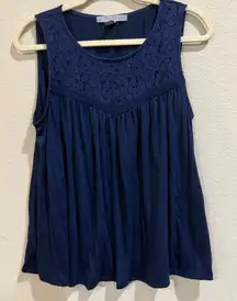 By‎ Design Womens L Blue Sleeveless Lace Detail Top Blouse Casual