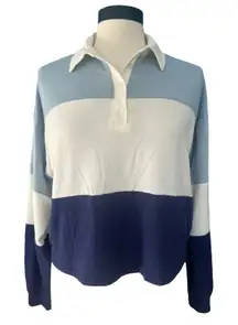 Self E Rugby Crop ColorBlock Blue Long Sleeve Polo Top Med Sporty Ivy League