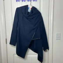 Women’s navy blue fleece black faux leather trim wrap zip‎ jacket top sweater XL