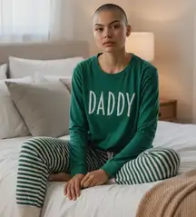 Christmas Daddy Pajama Set Green Long Sleeve Top Striped Pants Women Sz M