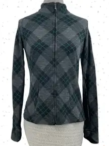 Ibex Merino Wool Zip Up Cardigan Light Sweater Top Grey Plaid Argyle Size S FLAW
