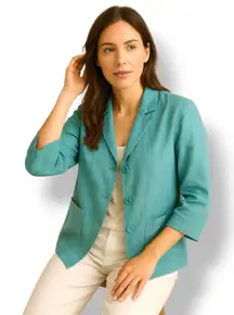 Eileen Fisher Womens Linen 3 Button Jacket XL Aqua Blue Lightweight Boxy Blazer