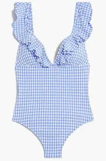 NWT J. Crew Sz L Seersucker Ruffle V-neck One-piece Swimsuit BY483 Blue Gingham
