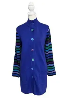 Bob Mackie Wearable Art Blue & Multicolor Stripe Sleeve Button Up Cardigan Small