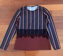 ZARA  | Striped Lace Navy Burgundy Long Sleeve Top