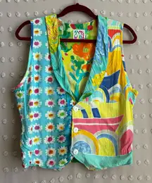Jams World Vintage Colorful Floral Abstract Button Front Vest Sz S