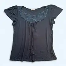 Cha Cha Vente Crochet Lace Detail Neckline Short Sleeve Top in Black Size Large