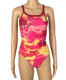 NIKE pink, red and yellow “Fastback” one-piece swimsuit in size 32=6. EUC