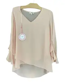 NWT Umgee Womens Blouse‎ Small Long Sleeve Ruffle Bell Sleeve V Neck Pink