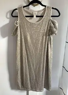 Chico’s Gold Sequin Cold Shoulder Dress 0P/S/4P Short Sleeve Knee Length Lined