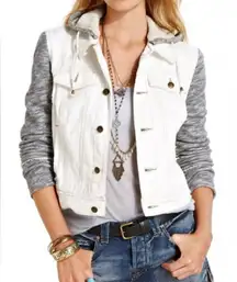 Free People Knit Sleeve & Knit‎ Hood Distressed White Denim Jean Jacket Size XS