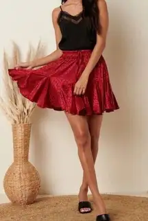 Deep Burgundy Red Leopard Print Satin Ruffle Mini Skirt Elastic Waist Size Small