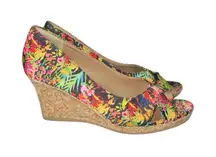 Dexflex Comfort Women's 5.5 Floral Peep Toe Cork Wedge Heel Sandals