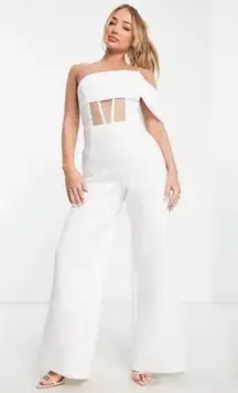 ASOS DESIGN Scuba One Shoulder Corset Detail Jumpsuit in White Size US 10