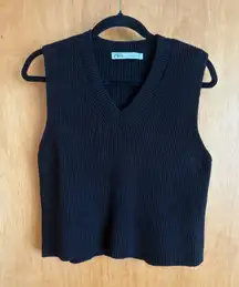 ZARA Black Ribbed V Neck Sleeveless Sweater Vest Knit Top Women's Size S
