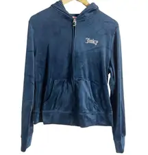 Juicy Couture Navy Blue Y2K Velour Long Sleeve Zip Up Tracksuit Hoodie Size L