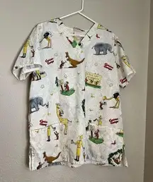 Curious George at the zoo scrub top shirt Sz L