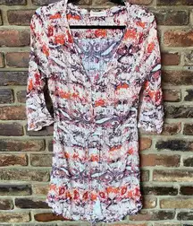 Black Swan Multicolored Print 3/4 Sleeve Mini Tassel Tie Dress Womens Size Large