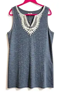 Max Studio Split Neck Swing Dress Women Plus 1X Blue White Crochet Embroidery