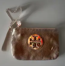 Tory Burch Pebble Leather Wristlet Zip Coin Card Purse Metallic Gold Rare 7”x5”