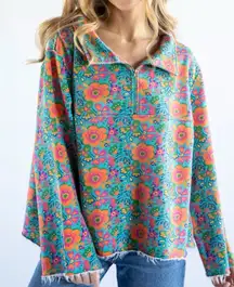 Natural Life Easy Does It Sweatshirt Doodle Floral Boho Half Zip Bell Sleeves