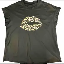 SHEIN Black Sleeveless Leopard Lips T-shirt Womens‎ 0XL