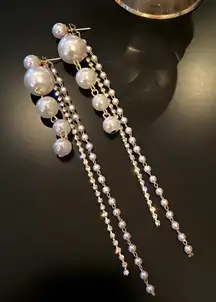 Elegant gold plated faux pearl long‎ tassel earrings faux fashion jewelry