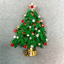 Christmas Tree Brooch sparkles Green Gift Box 2.5” tall‎ x 1.5”