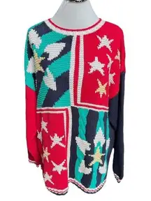Talbots Vintage Hand Knit Stars Sweater Red Blue Green White Size XLarge