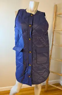 Top It Off Quilted Long Button Up Stadium Style Sleeveless Vest M/L Blue  NWT