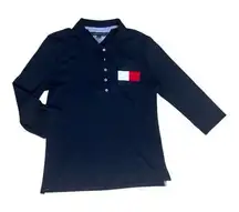 Tommy Hilfiger Women Navy Blue Polo Collar T-Shirt Size L Long Sleeve Badge Logo