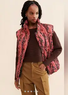 Free People Oversized Paisley Patterned Pink and Black Puffer Vest