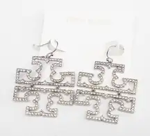 Tory Burch Logo Drop Crystal Earrings – Silver Tone