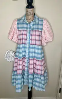 NWT: Entro Bubble Sleeve Blue, Green, Pink & White Plaid Lined Mini Dress Sz M