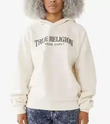 TRUE RELIGION Women's Arch Logo Boyfriend Hoodie Top Winter White size XL